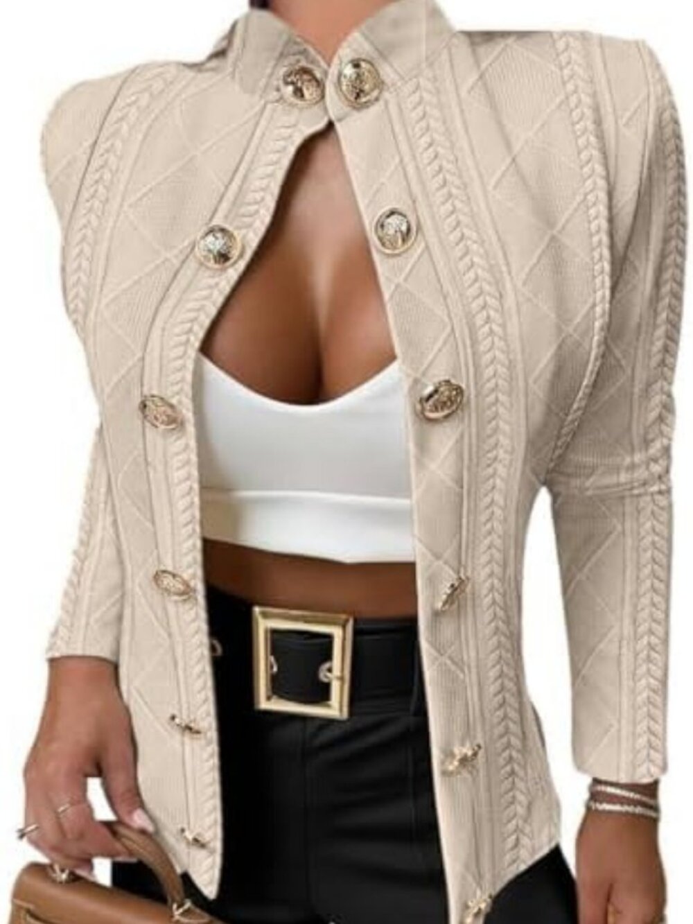 Trendy Women's Argyle Cable Knit Cropped Jacket | Casual Stand Collar Coat